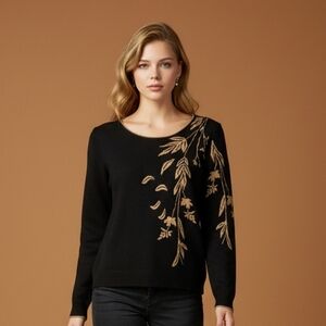 Elegant Black Knit Sweater with Gold Leaf Design
